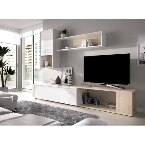Dmora - Mueble alto Denali, Conjunto modular de salón rincón, Mueble salón multiposición, 230x41h180 cm, Blanco y Roble (1/5)