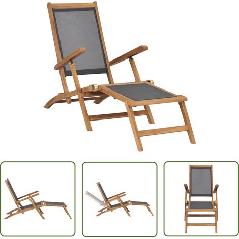 INLIFE Chaise de terrasse avec repose-pied Bois de teck solide Noir (1/5)