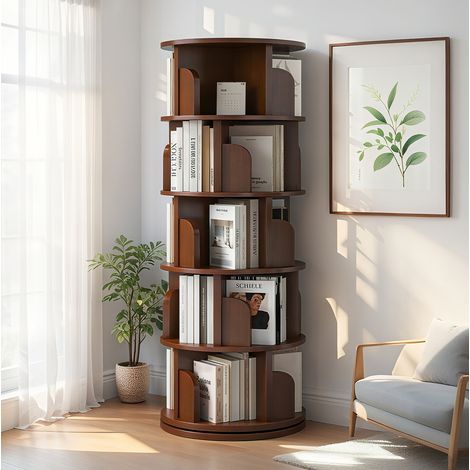 Librero giratorio de 5 niveles con giro 360°, compacto para espacios pequeños, en MDF y madera oscura, ideal para salón, dormitorio u oficina  CHICFURN (1/5)