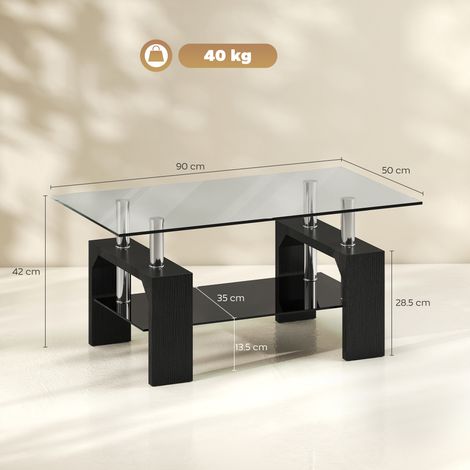 Table basse moderne à deux niveaux en bois et acier avec plateau en verre trempé, 90 x 50 x 42 cm, noire (1/5)