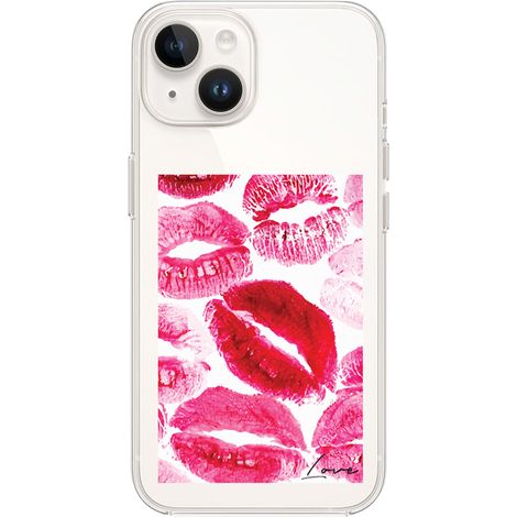 Custodia per iPhone 14 Plus, trasparente, in silicone Flexi, baci con la scritta "love" (1/5)