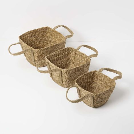 HOMESCAPES Set of 3 Natural Woven Storage Baskets
