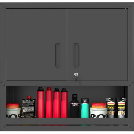 Armoire à outils murale métallique - 2 portes verrouillables avec tiroir ouvert et étagère réglable - H77 cm - Noir (1/5)