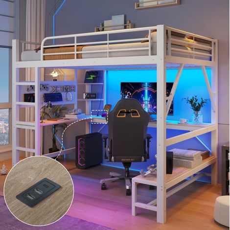 Lit mezzanine adulte 160x200 cm avec bureau, LED, prise USB-C, étagères et panneau perforé métal blanc (1/5)