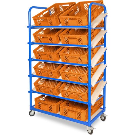 BRB Schrägboden-Regalwagen mit 6 Ebenen, bestückt mit 12 Euroboxen BxTxH 600x400x150 mm durchbrochen, BxTxH 1050x500x1690 mm (orange)