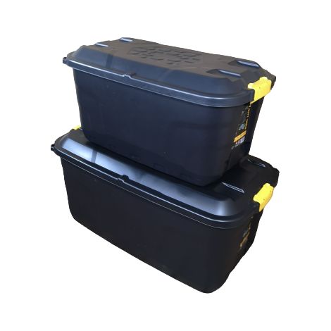 1 x 145L AND 1 x 75L Heavy Duty Trunks on Wheels Sturdy, Lockable, Stackable and Nestable Design Storage Chest with Clips in Black (1/5)