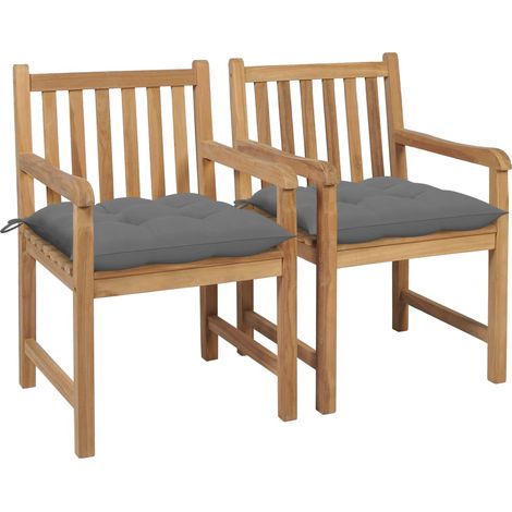 Gartenstühle 2 Stk. mit Grauen Kissen Massivholz Teak