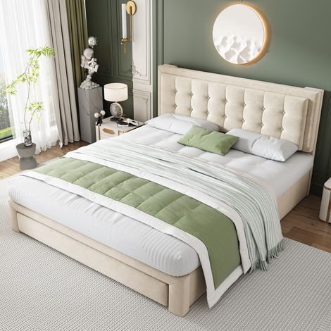 Letto con box e cassetti, tessuto in velluto, letto imbottito, rete a doghe, letto matrimoniale, ampio spazio contenitivo, 180 x 200, beige OKWISH (1/5)