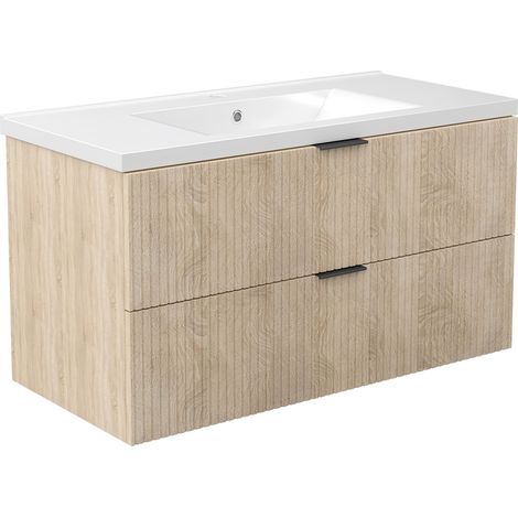 AICA Ensemble de meubles de salle de bain 100 cm Chêne avec 2 tiroirs + vasque Céramique