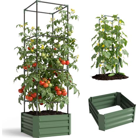 Fioriera con traliccio regolabile. Fioriera con gabbia per pomodori, acciaio zincato, 61 x 61 x 187 cm, verde (1/5)