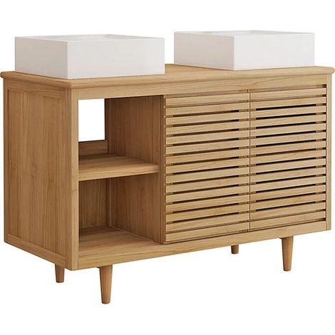 Mobile bagno su piedini in teak con doppio lavabo da appoggio quadrato in ceramica L120 cm - TORAJA (1/5)