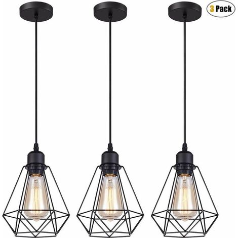 Lot de 3 Suspensions Luminaires Industrielle Métal Lustre Suspension Style Cage Géométrique E27 Lampe Suspension Vintage - Noir - Ø 20cm BLOW (1/5)