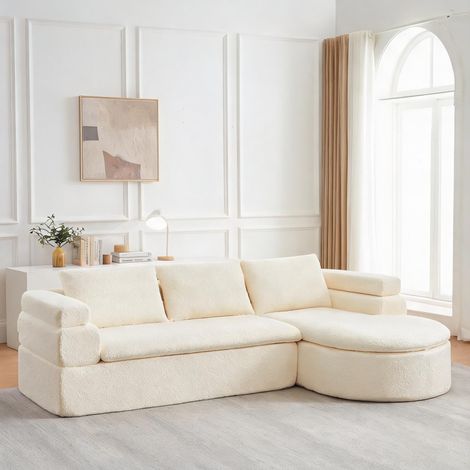 Sofa d'angle modulaire en tissu chenille beige avec méridienne (1/5)