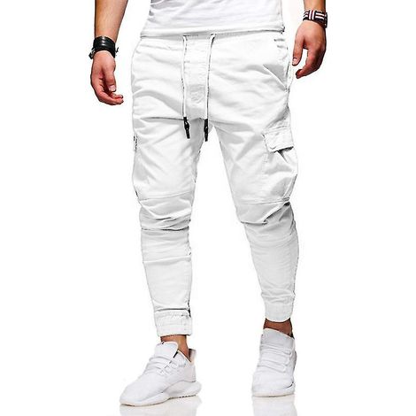 Pantalon cargo de course à cordon pour homme, coupe slim, style décontracté, taille M, blanc. (1/4)