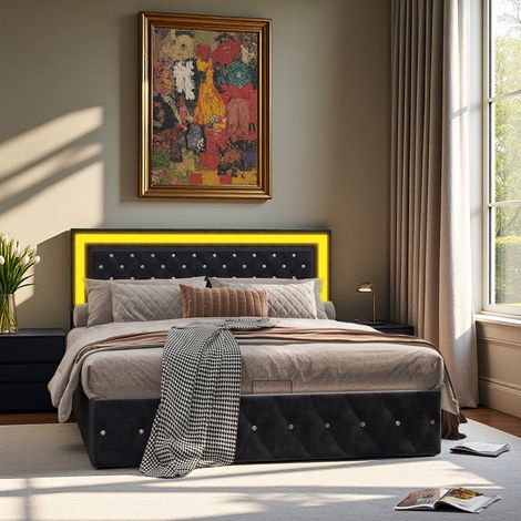 Letto 160x200 cm - tessuto in velluto - LED - Minimalista moderno - struttura letto matrimoniale 160x200 cm - nero (1/5)
