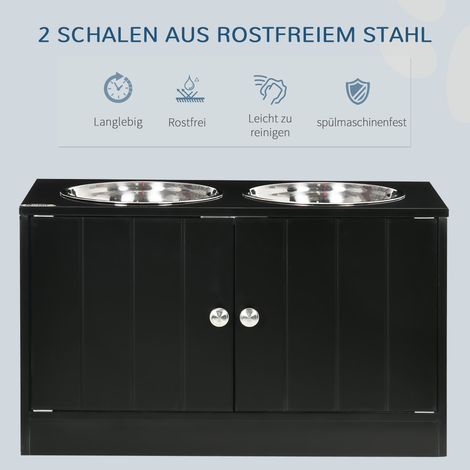Station de repas surélevée pour grands chiens : 2 bols en inox, rangement 44 L, portes aimantées, noire (1/4)