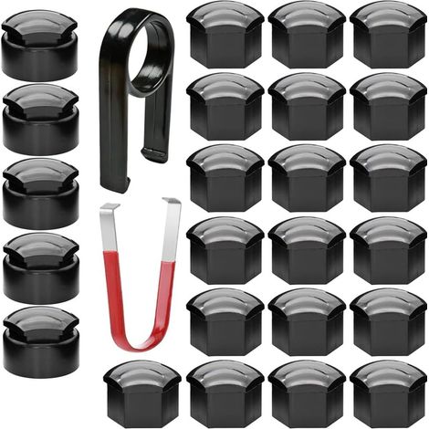24pcs capuchons d'écrou de roue 17mm (5 capuchons de boulon antivol+19 capuchons de boulon normaux) cache-écrous de pneu hexagonaux avec ensemble d'outils de démontage pour voitures (noir) (1/5)