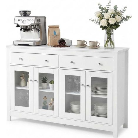 Sideboard 140 cm Weiß mit Arbeitsplatte, 2 Schubladen & Glastüren (1/5)