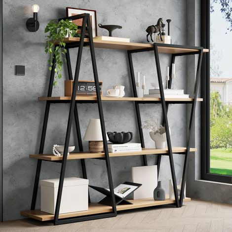 Libreria geometrica aperta 158x35x166 cm, scaffale in metallo nero con ripiani effetto rovere, design doppio triangolo, piedini regolabili
