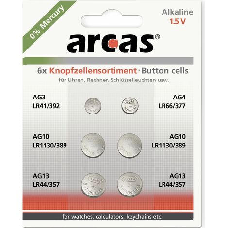 Ensemble de piles bouton ARCAS, AG3, AG4, AG10, AG13, 6 pièces