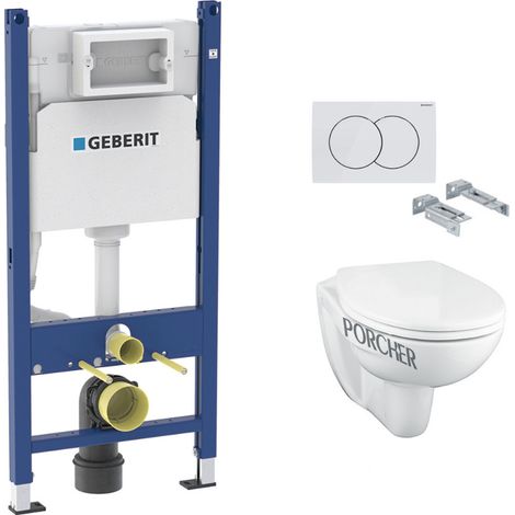 Pack WC Bati-support GEBERIT Duofix + Cuvette suspendue Porcher sans bride + Abattant Ideal Standard ASTOR + Plaque blanche