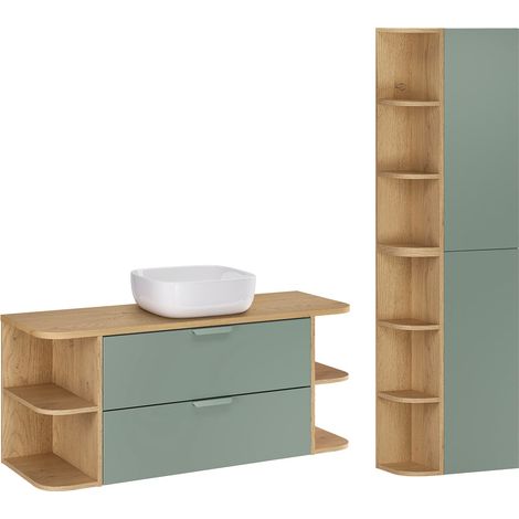 Mueble de lavabo de 120cm con nichos redondeados y columna Oria Verde mate (1/4)
