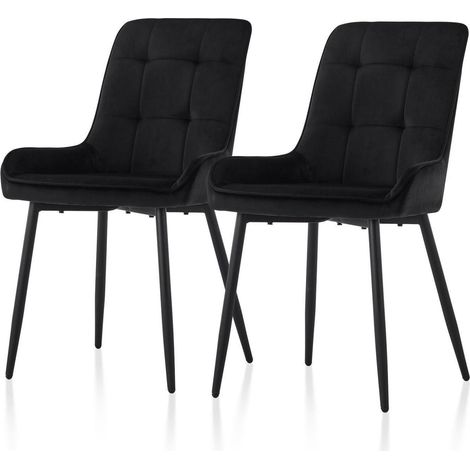 Lot de 2 chaises de salle à manger en velours noir, assise rembourrée, pieds métal (1/5)