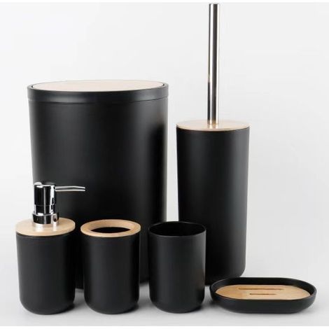 Ensemble d'accessoires de Salle de Bain avec Poubelle, Porte-Brosse à Dents, Distributeur de Savon, Porte-Savon, gobelet (Housse en Bambou Noir) (1/5)