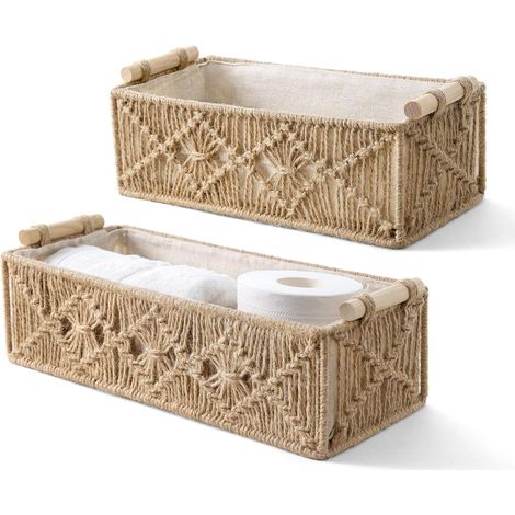 Lot de 2 paniers de rangement en macramé tissés à la main pour comptoir de toilette, étagère de rangement pour chambre à coucher, chambre d'enfant, salon, maison - corde de chanvre