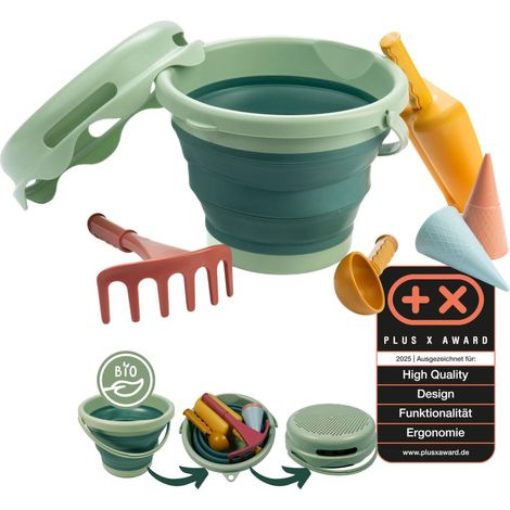 Schildkröt Set Sand Toys 7 in 1, qualità Organica, Innovativo, Compatto e Salvaspazio, Secchio Pieghevole da 3 Litri con 6 Giochi di Sabbia (1/5)
