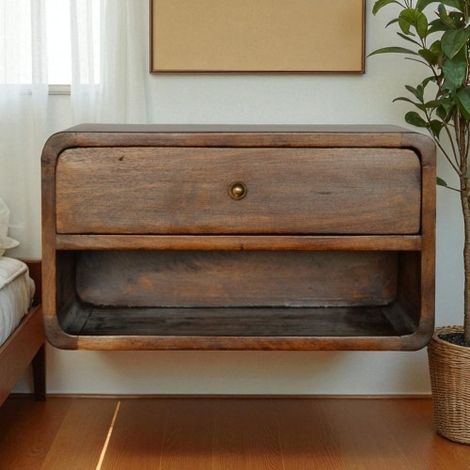 Table de chevet suspendue, mesurant 45 x 32 x 25 cm, en bois marron, avec un tiroir et une étagère ouverte, adaptée à la chambre (1/5)