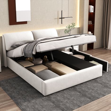 Lit coffre 180x200 cm, lit double rembourré, lit adulte hydraulique avec 3 tiroirs et sommier à lattes, en velours beige, sans matelas (1/5)