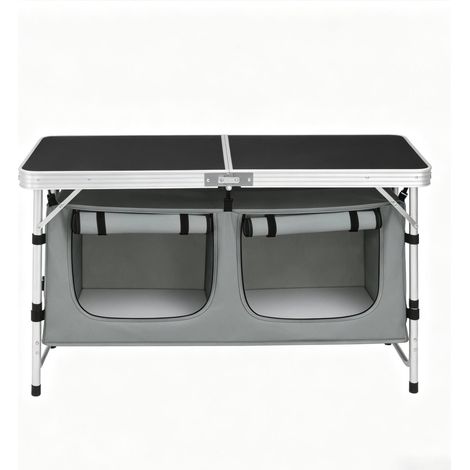 Table de camping pliante avec sac de rangement suspendu, pieds réglables 62/69,5 cm, plateau 120 x 47 cm, légère et compacte pour jardin, plage et pique-nique  CHICFURN (1/5)