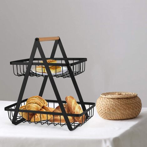 Corbeille à fruits en fer forgé nordique, démontable, grand panier de rangement noir pour cuisine, salon, pain, anse portable (1/3)