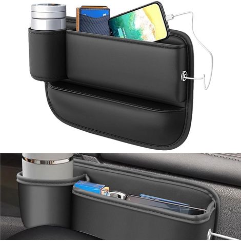 1 Organisateur Siège Voiture, Cuir PU, 30x20cm, Support Gobelet, Rangement Téléphone, Universel