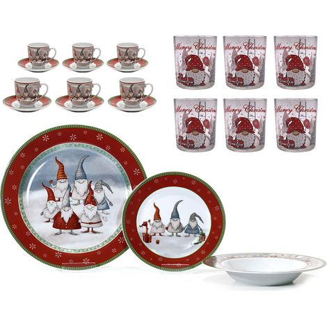 Servizio di piatti completo di Bicchieri e Tazzine per 6 posti Tavola di natale con Motivi Natalizi babbo natale con cappello gnomi rossi addobbi idea Regalo