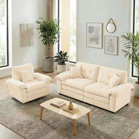 Ensemble canapé 2 pièces en chenille : fauteuil + causeuse. Assise double épaisseur avec coussins déco. Idéal petit salon - Beige 185x90,1x87,6cm (1/5)