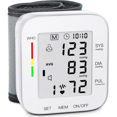 Misuratore di pressione sanguigna da polso, ampio display LCD, bracciale regolabile, 5,31-7,68 pollici, automatico, 99 x 2 set di memoria, con custodia per il trasporto, per uso domestico