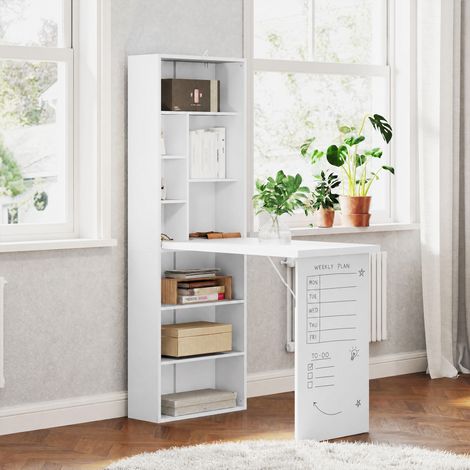 Bureau d'ordinateur pliable avec bibliothèque, poste de travail, tableau blanc et étagère réglable, 98x51x153cm, blanc