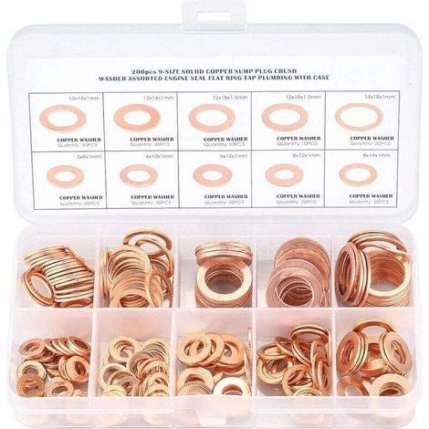 Rondelle in rame, anelli di tenuta, rondelle piatte, O-ring con scatola di stoccaggio – 200 pezzi/M5 M6 M8 M10 M12 M14 (1/4)