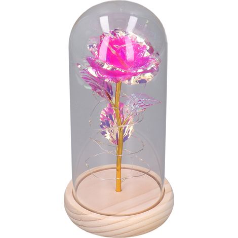 Leuchtende LED-Rose aus Glas, farbenfroh, goldfarben, künstlicher Rosenstamm, Glasabdeckung für Hochzeitstag, Rosenrot (1/5)