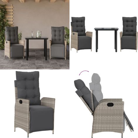 3-tlg. Garten-Essgruppe mit Kissen Hellgrau Poly Rattan - Gartentisch - Gartenstuhl (1/5)