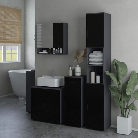 Meuble de salle de bain noir en bois, 2 portes, 60x30x60 cm, rangement sous lavabo (1/5)
