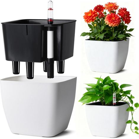 Eckiger Selbstbewässerungstopf 17,5cm mit Wasserstandsanzeige, Weiß (1/5)