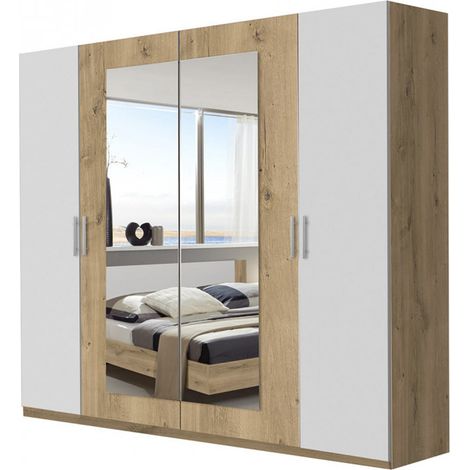 Armoire placard meuble de rangement coloris imitation chêne poutre/blanc - Longueur 225 x Hauteur 210 x Profondeur 58 cm -PEGANE-