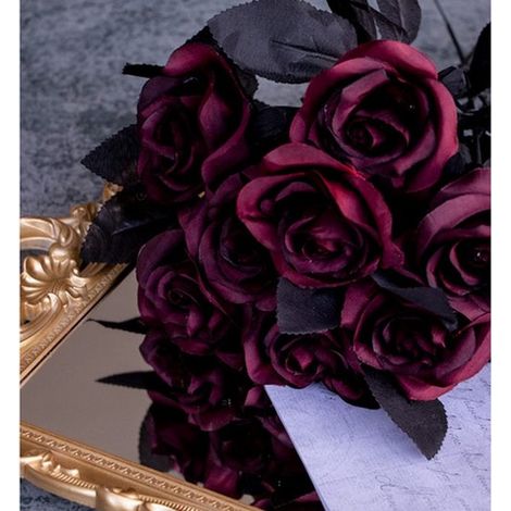 Dailygoods，10 rosas artificiales，Decoración para fiestas，Rojo vino/Negro，Rosas artificiales (1/5)