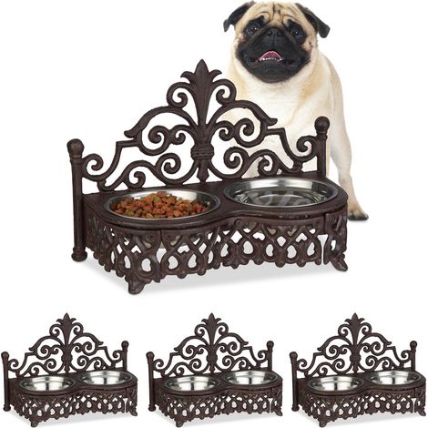 4x Relaxdays Dog Feeding Station, Antique-Style, Double Removable Style Steel Bowls, Cast Iron, Brown