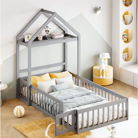 Letto bambini 90x200 cm con ripiano, armadio aperto, sponda di sicurezza con porta, rete a doghe, senza materasso, grigio (1/5)