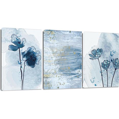 Moderne Abstract Leinwandbilder Blau Gold Aquarell 30x40cm 3-teilig (1/5)