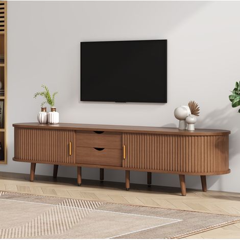Mueble TV (170x40x42 cm), con doble cajón y puertas correderas, patas de madera maciza, MDF, color nogal (1/5)